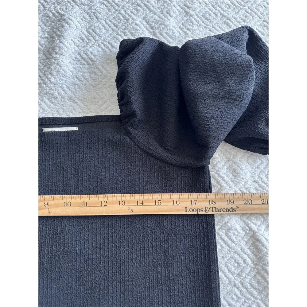 Madewell Sz S Crepe Square Neck Puff Sleeve Top Black Polyester Off Shoulder
